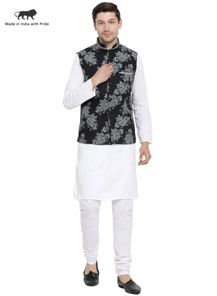 VASTRAMAY Men's White Cotton Blend Kurta, Nehru Jacket and Pyjama Set