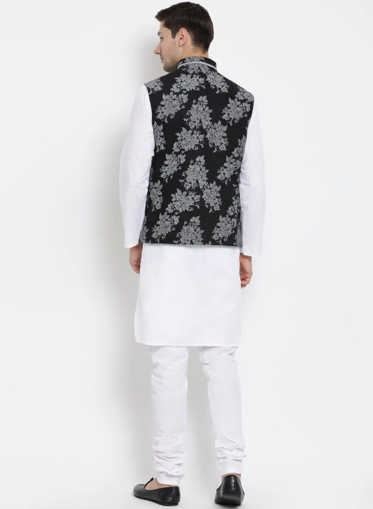 VASTRAMAY Men's White Cotton Blend Kurta, Nehru Jacket and Pyjama Set