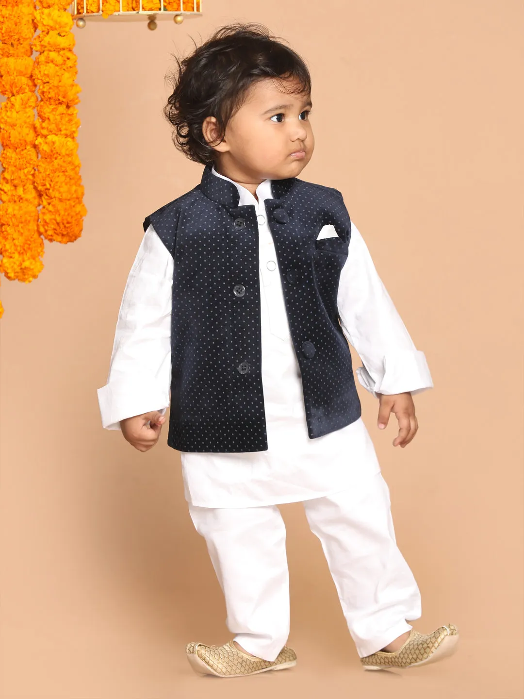 VASTRAMAY SISHU Boy's White Kurta Pyjama Set With Blue Dot Print Nehru Jacket