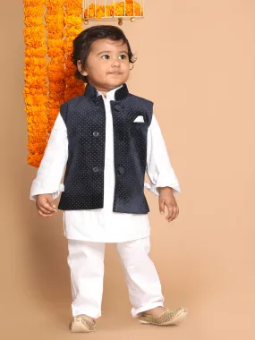 VASTRAMAY SISHU Boy's White Kurta Pyjama Set With Blue Dot Print Nehru Jacket