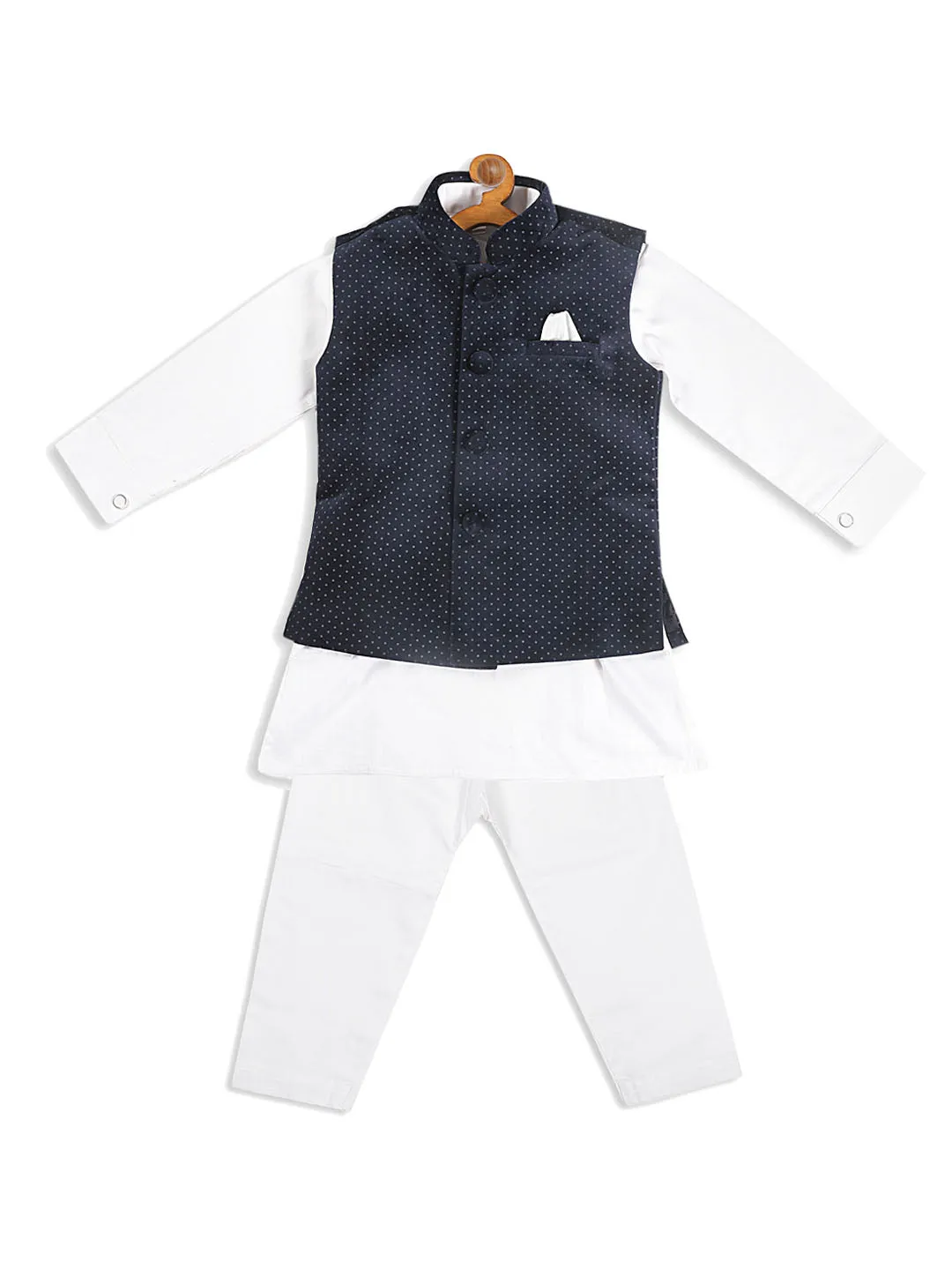 VASTRAMAY SISHU Boy's White Kurta Pyjama Set With Blue Dot Print Nehru Jacket