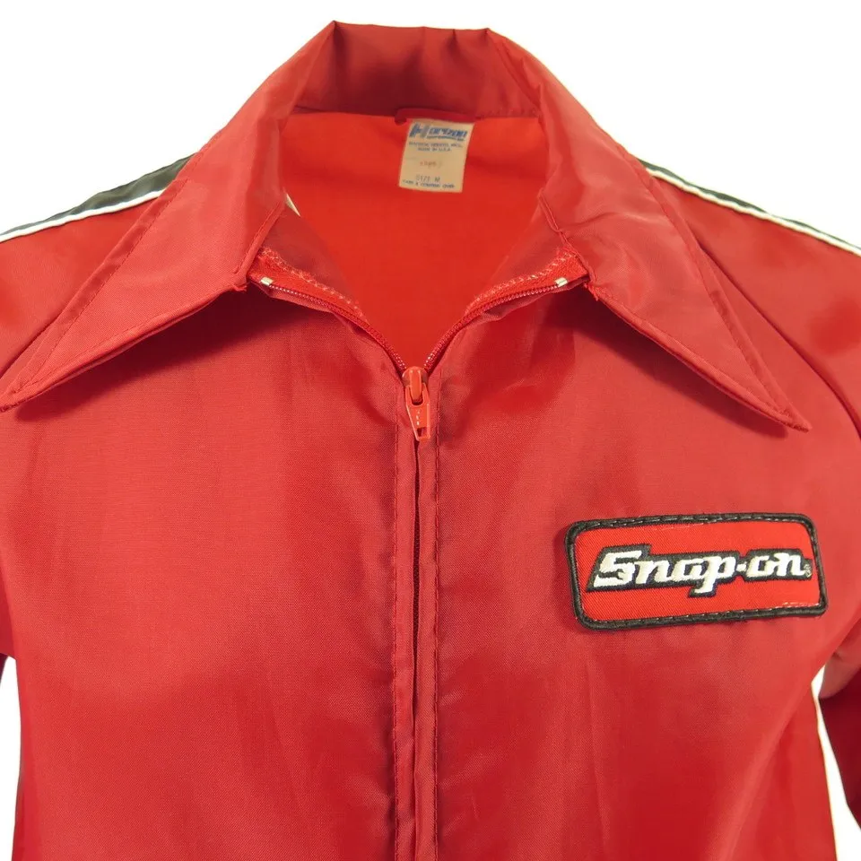 Vintage 70s Snap On Racing Jacket Red Racer Stripe Wide Collar M NOS Deadstock