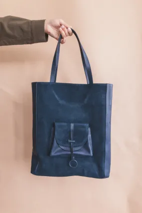 VOADY TOTE IN DARK INDIGO SUEDE AND LEATHER