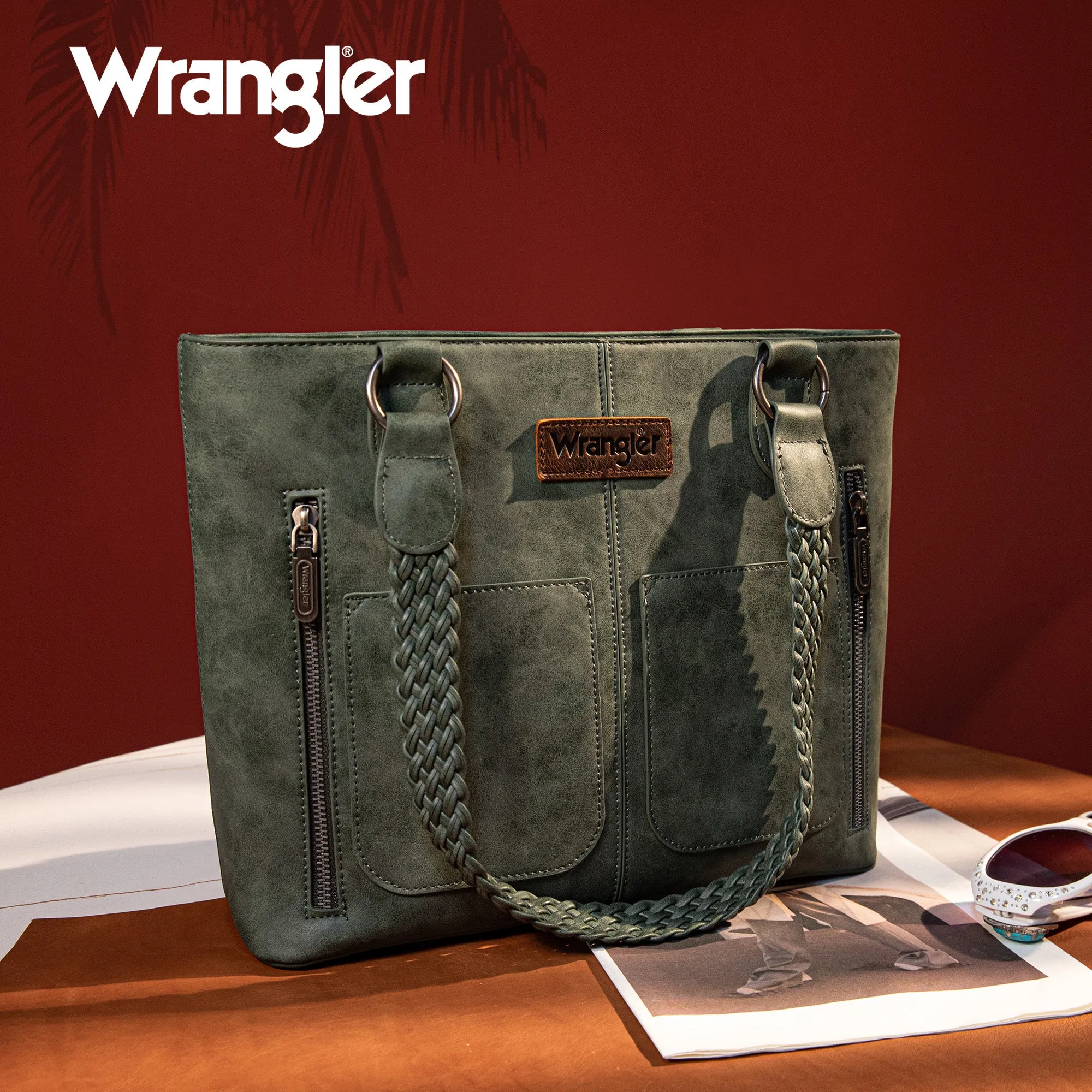 WG78-G8317  Wrangler Braided Detail Multi Pockets Concealed Carry Tote - Dark Green