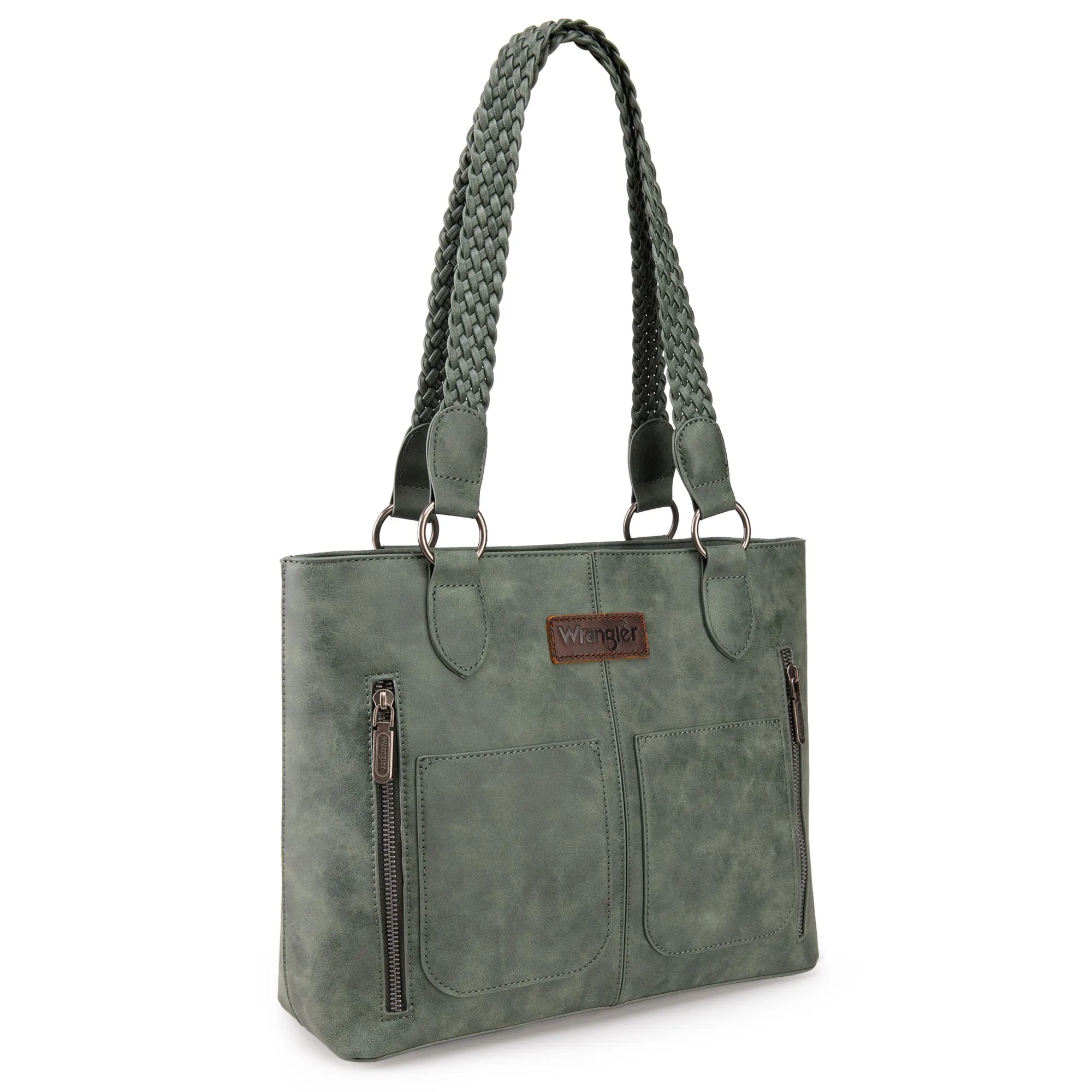 WG78-G8317  Wrangler Braided Detail Multi Pockets Concealed Carry Tote - Dark Green