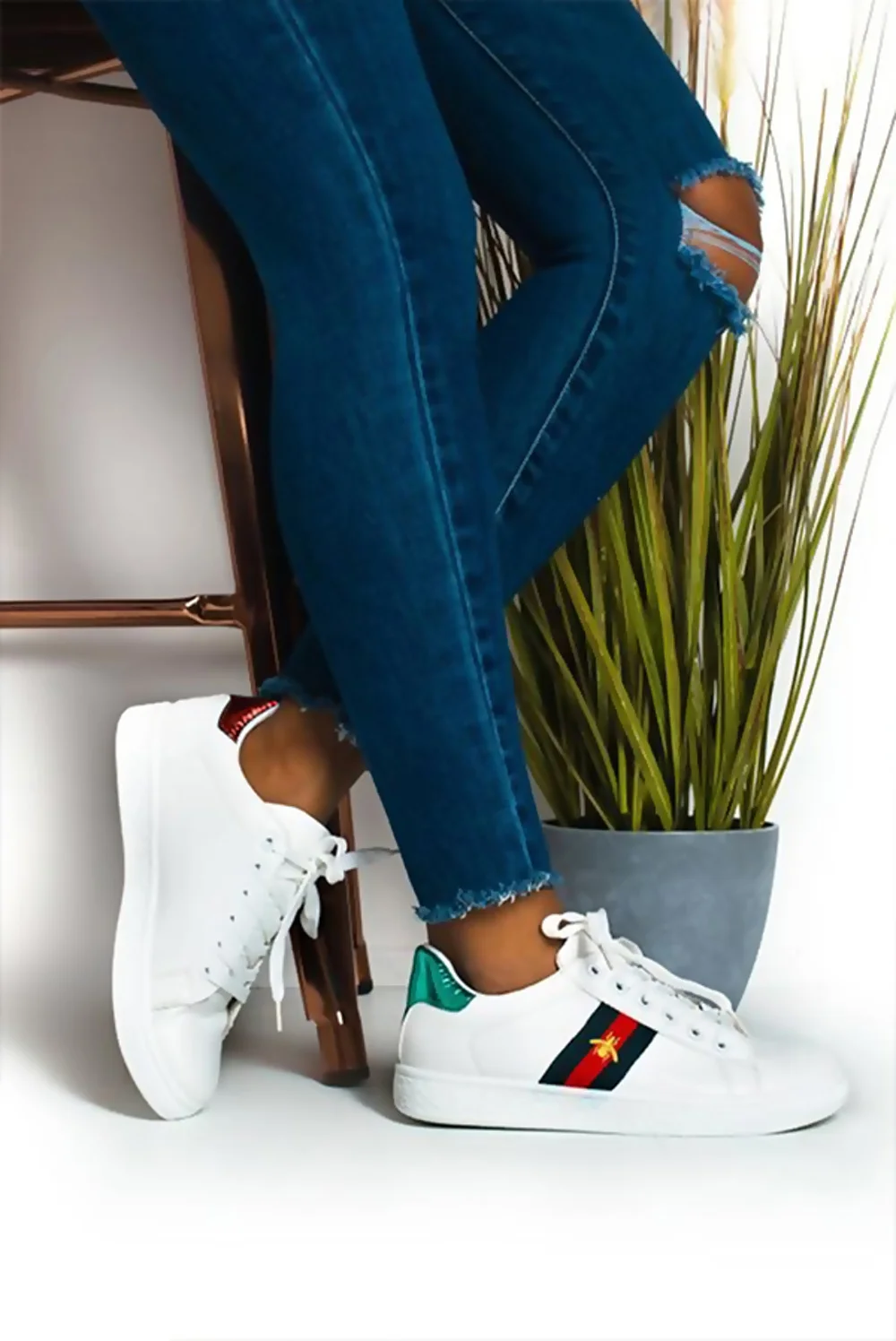 White Striped Bee Embellished Trainers