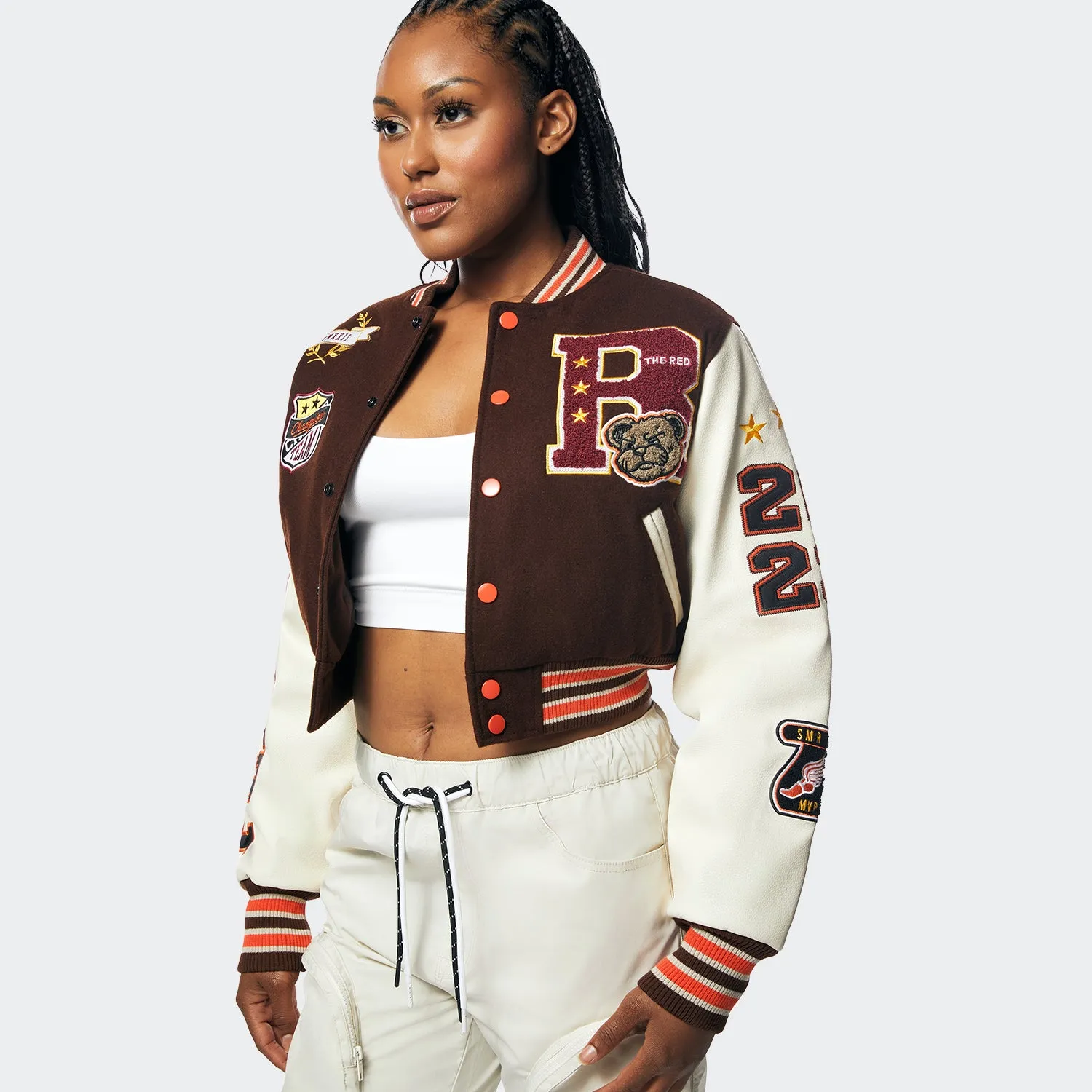 Women's Smoke Rise Red Two-Tone Wool Varsity Jacket Brown